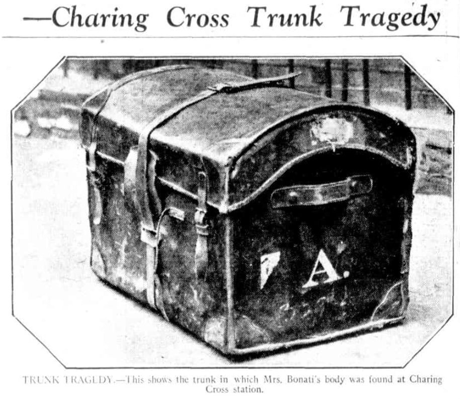 Trunk in which Mrs Bonati body was found at Charing Cross station