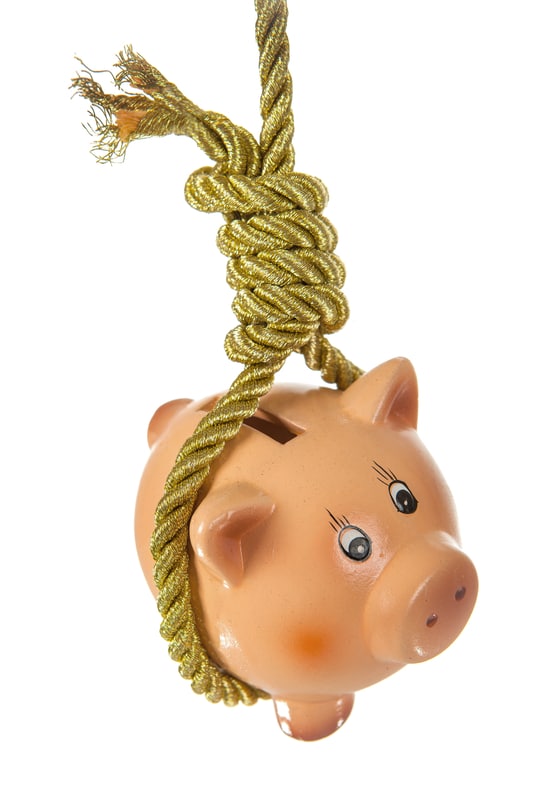 Piggy bank hanging from a hangmans noose on a golden rope