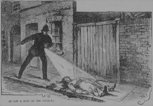 Illustration of PC Neil discovering the body of Mary Ann Nichols with his lantern. Unknown artist, 1888. Published in Famous Crimes Past and Present, c.1903. Public domain.