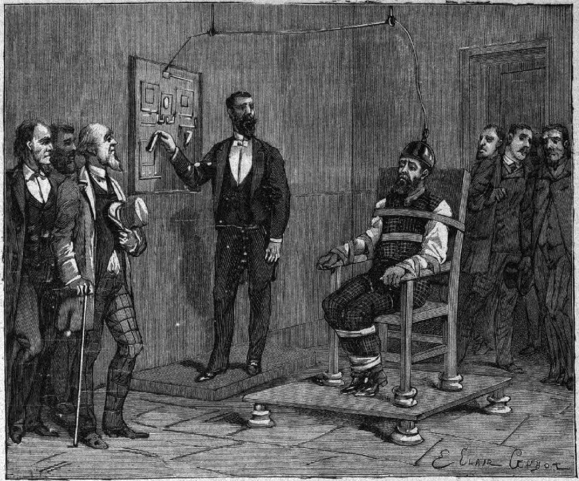 Illustration of a man executed by electrocution in electric chair