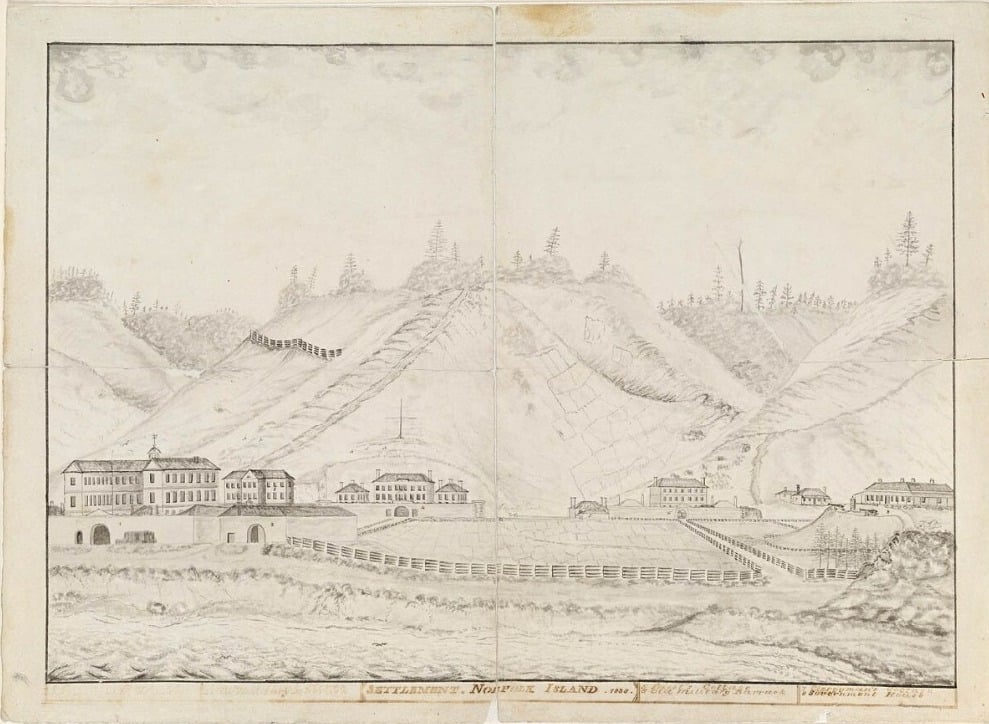 Norfolk Island settlement, 1838. Ink and wash drawing, artist unknown. State Library of New South Wales, SV8/Norf I/5.